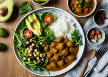 Gezonde mungbonen gerechten voor vrouwen in de overgang, waaronder salade, curry en gekiemde mungbonen op een houten tafel.