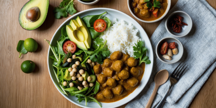 Gezonde mungbonen gerechten voor vrouwen in de overgang, waaronder salade, curry en gekiemde mungbonen op een houten tafel.