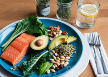 Orthomoleculair bord met pure en onbewerkte voeding zoals zalm, avocado, groenten en noten – gericht op hormonale balans en gezondheid.
