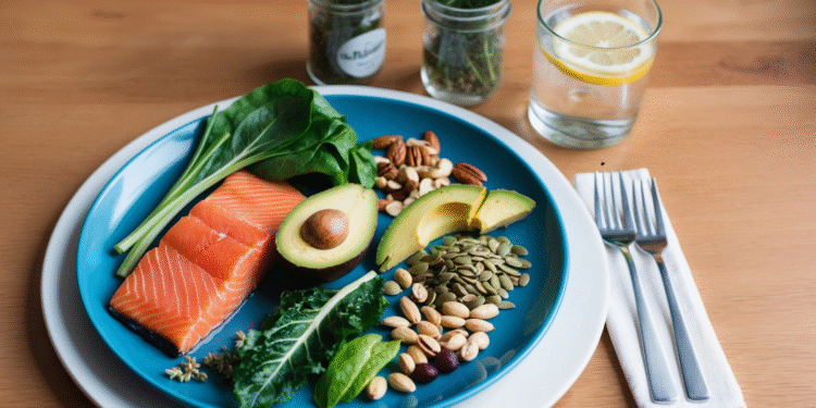 Orthomoleculair bord met pure en onbewerkte voeding zoals zalm, avocado, groenten en noten – gericht op hormonale balans en gezondheid.