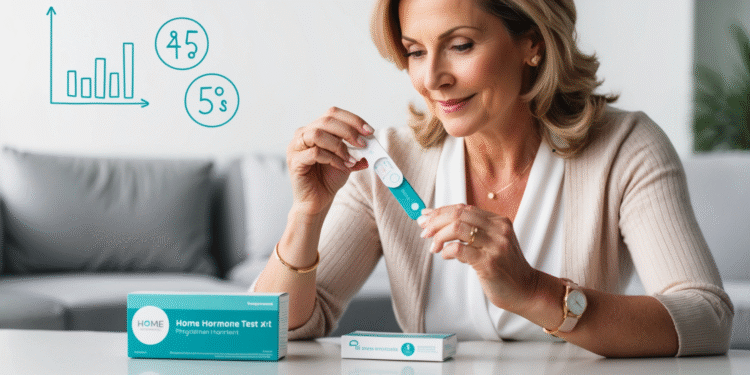 Vrouw van middelbare leeftijd bekijkt een hormoontestkit thuis, symbool voor bewustwording en zelfinzicht bij hormonale disbalans.
