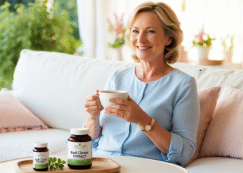 Vrouw van middelbare leeftijd drinkt rode klaver-thee in een rustige omgeving, als natuurlijke ondersteuning tijdens de overgang.