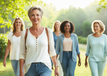 Vrouw van middelbare leeftijd wandelt ontspannen door de natuur met een groep vriendinnen – symbool voor balans, beweging en persoonlijke groei.
