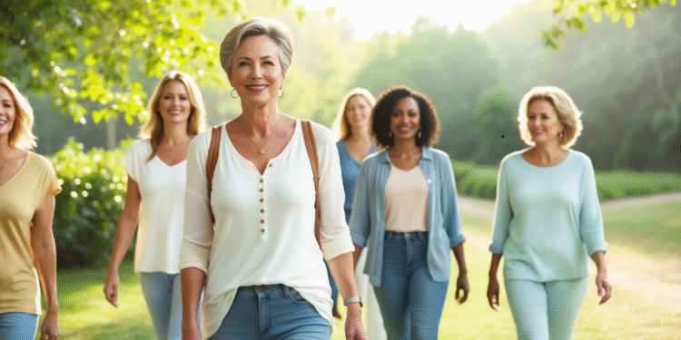Vrouw van middelbare leeftijd wandelt ontspannen door de natuur met een groep vriendinnen – symbool voor balans, beweging en persoonlijke groei.