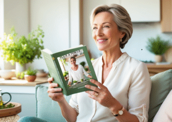 Vrouw van rond de 50 leest het boek ‘Puur & Power’ met een glimlach, zittend met een kop thee in een rustgevende omgeving – symbool voor herkenning, inspiratie en tijd voor zichzelf.