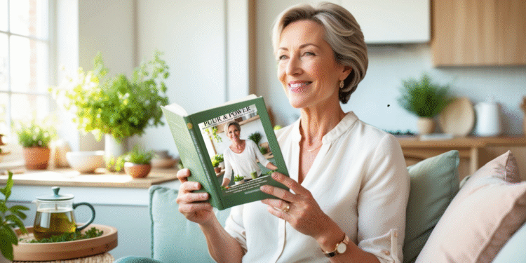 Vrouw van rond de 50 leest het boek ‘Puur & Power’ met een glimlach, zittend met een kop thee in een rustgevende omgeving – symbool voor herkenning, inspiratie en tijd voor zichzelf.