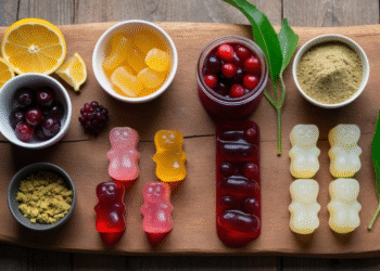 Zelfgemaakte gummies met natuurlijke ingrediënten voor hormonale balans, vaginale gezondheid en stressverlichting bij vrouwen 40+, gepresenteerd op een houten plank met supplementen en sap.