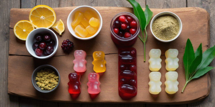 Zelfgemaakte gummies met natuurlijke ingrediënten voor hormonale balans, vaginale gezondheid en stressverlichting bij vrouwen 40+, gepresenteerd op een houten plank met supplementen en sap.