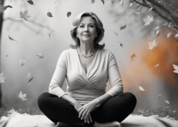 Vrouw van rond de vijftig in een rustige natuuromgeving, met warme herfstkleuren als symbool voor verandering en kracht.
