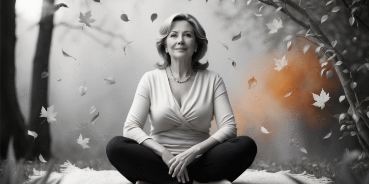Vrouw van rond de vijftig in een rustige natuuromgeving, met warme herfstkleuren als symbool voor verandering en kracht.
