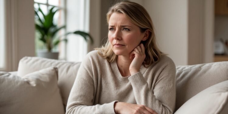 Marieke, een 35-jarige vrouw in de overgang, zittend in haar woonkamer met een rustige, nadenkende blik