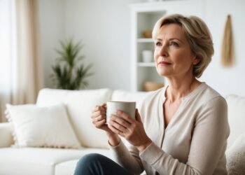 Vrouw van 52 zit met een kop thee in haar handen en kijkt nadenkend voor zich uit in een lichte woonkamer, als symbool voor een leeg gevoel zonder duidelijke oorzaak.