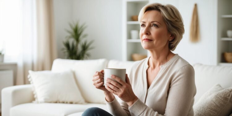 Vrouw van 52 zit met een kop thee in haar handen en kijkt nadenkend voor zich uit in een lichte woonkamer, als symbool voor een leeg gevoel zonder duidelijke oorzaak.
