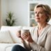 Vrouw van 52 zit met een kop thee in haar handen en kijkt nadenkend voor zich uit in een lichte woonkamer, als symbool voor een leeg gevoel zonder duidelijke oorzaak.