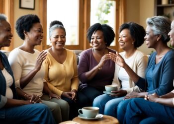 Groep donkere vrouwen van middelbare leeftijd praat met elkaar in een warme huiskamer, als symbool voor steun en herkenning tijdens de overgang.
