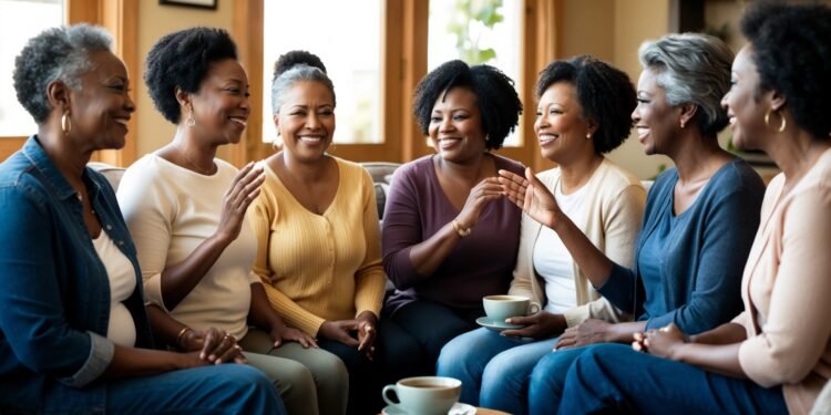 Groep donkere vrouwen van middelbare leeftijd praat met elkaar in een warme huiskamer, als symbool voor steun en herkenning tijdens de overgang.
