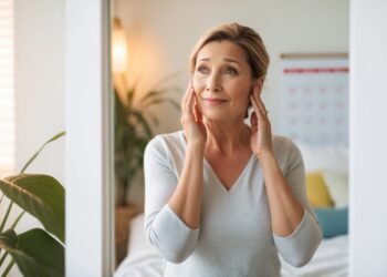 Vrouw van 52 kijkt nadenkend in de spiegel en vraagt zich af waarom ze nog geen overgangsklachten ervaart. Ze straalt gezondheid en rust uit in een lichte, warme omgeving.