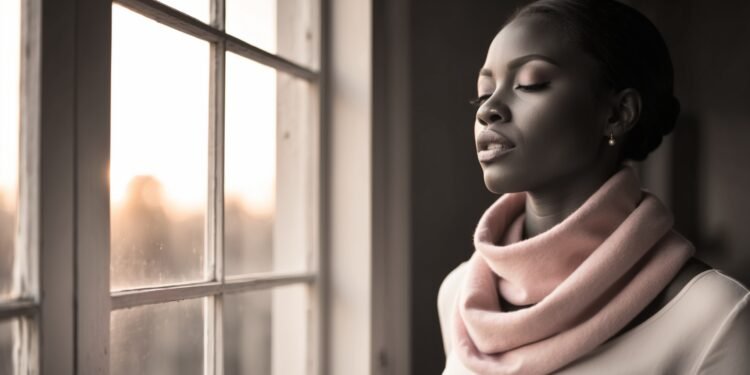Zwarte vrouw aan het raam met roze sjaal – loslaten van stress bij vrouwen van kleur