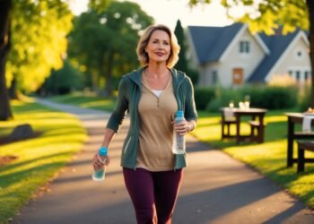 Een vrouw van rond de 45 wandelt rustig door een groen park net na het avondeten. Ze draagt comfortabele kleding, heeft een ontspannen blik en de zon staat laag. Op de achtergrond zie je een huis en een eettafel waar net gegeten is. De sfeer is warm en rustgevend.