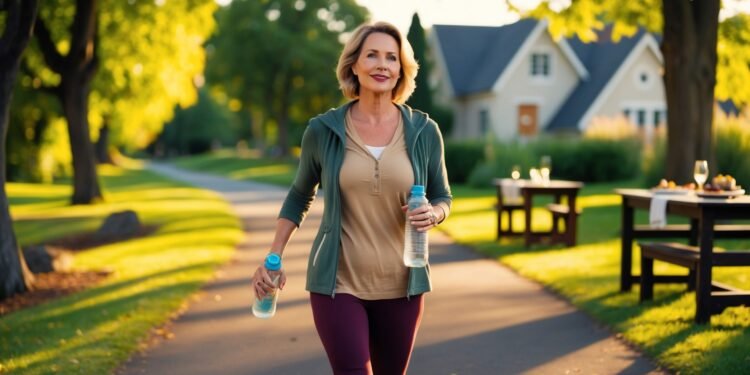 Een vrouw van rond de 45 wandelt rustig door een groen park net na het avondeten. Ze draagt comfortabele kleding, heeft een ontspannen blik en de zon staat laag. Op de achtergrond zie je een huis en een eettafel waar net gegeten is. De sfeer is warm en rustgevend.
