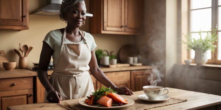 Donkere vrouw in haar keuken bereidt gezonde voeding tijdens de overgang.