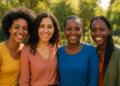 Vier vrouwen van kleur staan lachend naast elkaar, stijlvol gekleed, als representatie van echte verhalen over PCOS, endometriose en fibromen