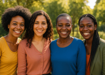 Vier vrouwen van kleur staan lachend naast elkaar, stijlvol gekleed, als representatie van echte verhalen over PCOS, endometriose en fibromen