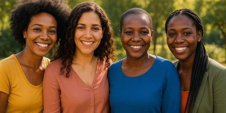 Vier vrouwen van kleur staan lachend naast elkaar, stijlvol gekleed, als representatie van echte verhalen over PCOS, endometriose en fibromen