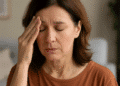Vrouw van middelbare leeftijd met gesloten ogen en hand op haar voorhoofd, zichtbaar vermoeid of met overgangsklachten, zittend in een rustige woonkamer.