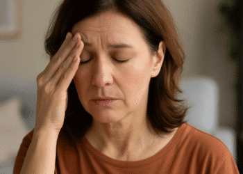 Vrouw van middelbare leeftijd met gesloten ogen en hand op haar voorhoofd, zichtbaar vermoeid of met overgangsklachten, zittend in een rustige woonkamer.