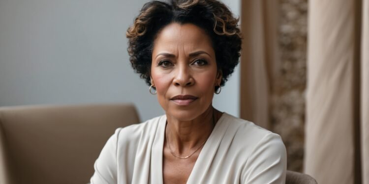 Zwarte vrouw van rond de veertig met natuurlijke krullen kijkt krachtig en serieus in de camera – thema: anticonceptie bij vrouwen van kleur