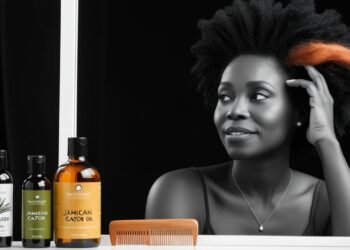 Zwarte vrouw met kroeshaar kijkt bezorgd in de spiegel vanwege haaruitval — illustratie bij blog over haaruitval zwarte vrouw