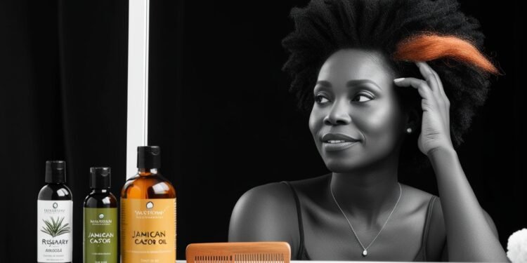 Zwarte vrouw met kroeshaar kijkt bezorgd in de spiegel vanwege haaruitval — illustratie bij blog over haaruitval zwarte vrouw