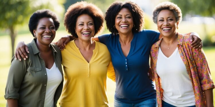 Drie lachende vrouwen van kleur van rond de 40 en 50 jaar staan samen buiten in de natuur. Ze dragen kleurrijke, casual kleding en stralen warmte, kracht en verbondenheid uit.
