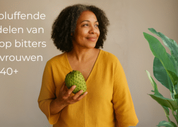 Vrouw van kleur met natuurlijk grijs haar in een mosterdgele jurk houdt een soursop vast en kijkt glimlachend opzij, met links in beeld de tekst “7 Verbluffende voordelen van soursop bitters voor vrouwen 40+” en rechts een grote groene plant tegen een neutrale achtergrond.