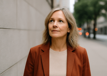 Vrouw van rond de 50 met lichte make-up en zelfverzekerde blik, kijkt recht vooruit terwijl zonlicht haar gezicht verlicht – symbool voor zichtbaarheid en kracht na je 45e.