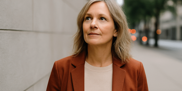 Vrouw van rond de 50 met lichte make-up en zelfverzekerde blik, kijkt recht vooruit terwijl zonlicht haar gezicht verlicht – symbool voor zichtbaarheid en kracht na je 45e.