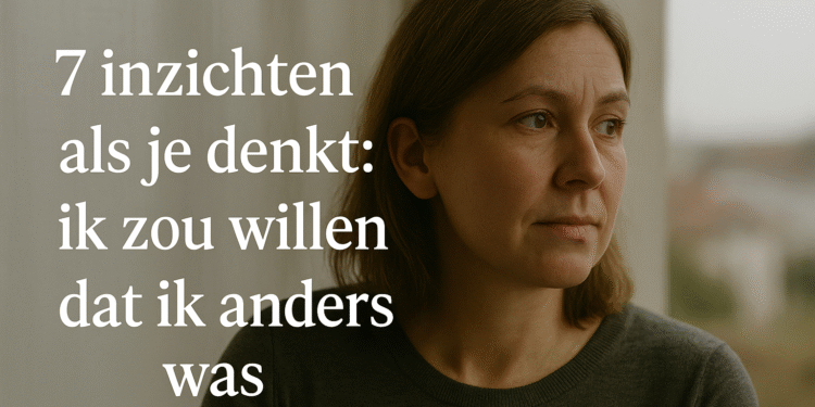 Vrouw van middelbare leeftijd kijkt nadenkend uit het raam met de tekst: 7 inzichten als je denkt: ik zou willen dat ik anders was.
